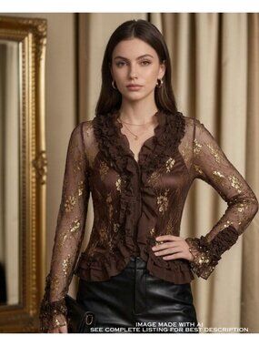 NWT Vintage Kaelyn Max Sheer Lace Mesh Ruffled Top S Gold Metallic Fairy Poet